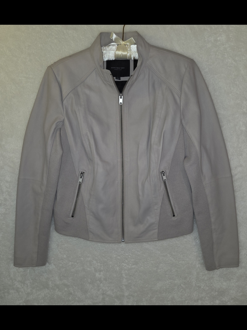 Marc New York Andrew Marc Genuine Leather Racer Moto Beige Jacket Women's Sz L